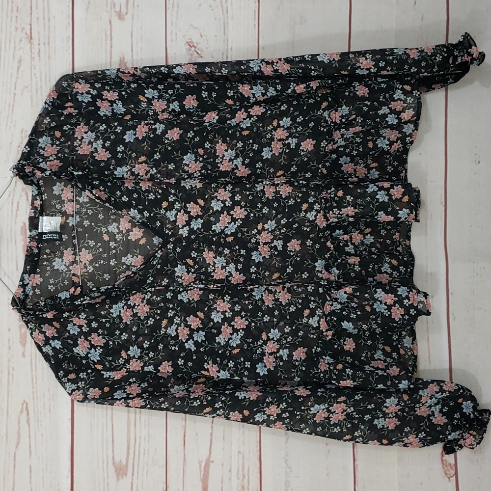 Semi-Sheer♡Floral♡Ruffle Accents♡Long Sleeve♡Peasant Top